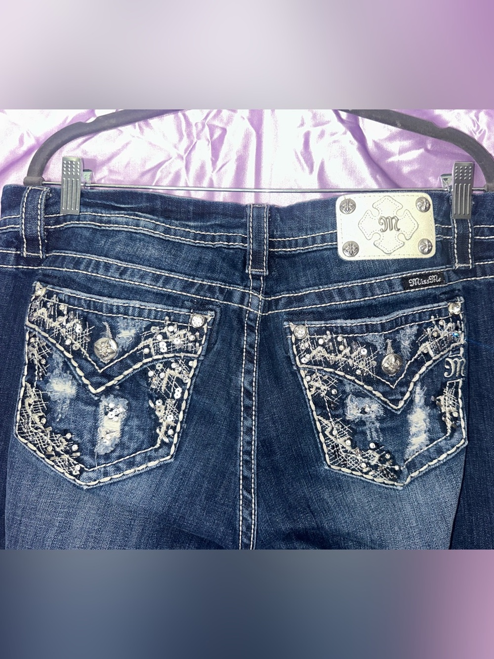Miss Me Bootcut Jeans 32 Mid Rise Embellished Pocket Dark Wash Y2K 32/31”